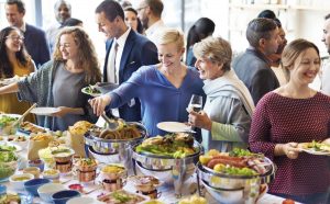 Chafing dishes on buffet line