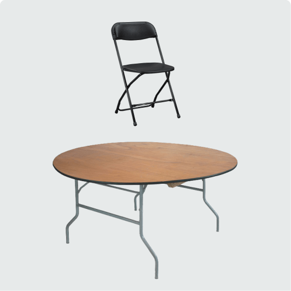 60" round table with 10 folding chairs rental
