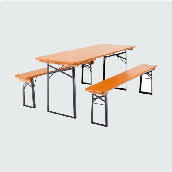 Brown table and bench set rental