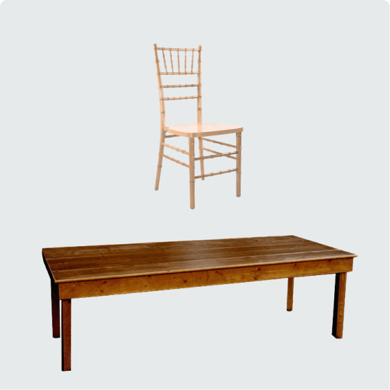 Farm table with 6 chiavari chairs rental